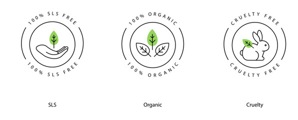 SLS Free Organic Cruelty-Free Natural Product Vector Icon Collection Set with editable Stroke