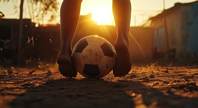 Barefoot child plays soccer. Sunlight illuminates a child's bare feet holding a worn soccer ball on a dirt field at sunset
