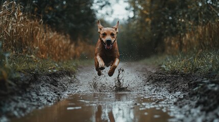 Naklejka premium Joyful dog leaps through muddy puddles on a dirt path, embracing the thrill of outdoor adventure in nature with pure delight and energy
