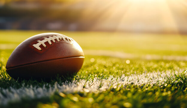 American Football on Grass Field at Sunset