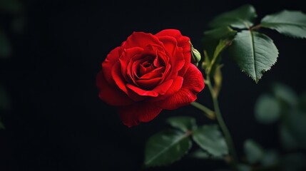 Exquisite red rose blooming with elegance against a deep black backdrop, showcasing intricate details and vibrant colors in stunning high resolution
