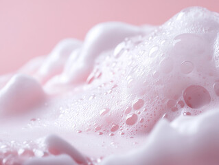 Fototapeta premium Delicate pastel pink foam with water droplets creates a soft, abstract landscape texture that evokes feelings of cleanliness.