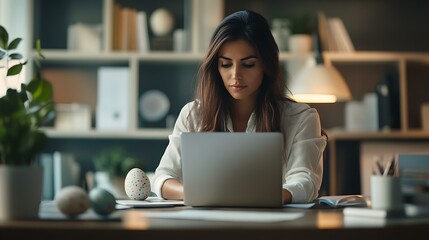 Latina executive in a well-lit workspace, attentively examining revenue growth statistics, workspace subtly styled with festive Easter decor