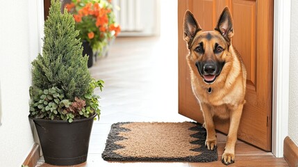 Welcoming furry friend at the entrance with vibrant flowers and cozy decor inviting homecoming joy