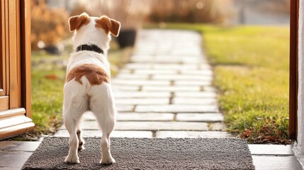 Obraz na płótnie Canvas Joyful dog eagerly awaits its owner's return at a warm welcome home entrance highlighted by sunlight and lush greenery
