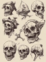 Fototapeta premium Vintage Pirate Skulls Tattoo Sketch Set - Roger Mas Funny Illustration