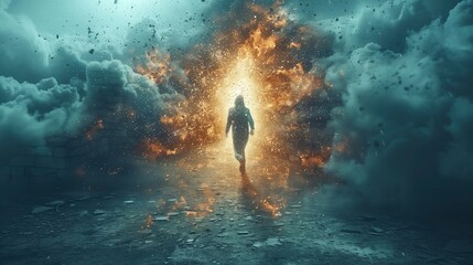 An imaginative scene of a person breaking through a brick wall with a sledgehammer, symbolizing perseverance, determination, and the ability to overcome obstacles in business and entrepreneurship 