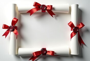 This image features four white scrolls arranged to frame a blank central space. Each scroll is secured with a vibrant red ribbon tied in a bow and sealed with a red wax seal. 