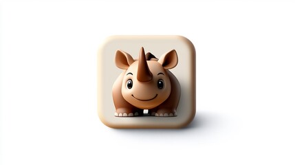 Adorable 3D Render of a Cartoon Rhino on a Beige Square Icon