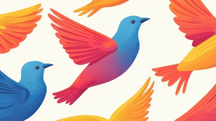 Obraz premium Colorful Abstract Birds in Flight with Vibrant Wings and Gradients Against a Soft Background for Modern Design Inspiration