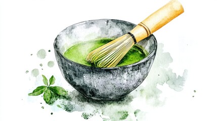 Watercolor of Matcha powder and green tea on background,tea whisk,View from above,The concept of levitation of making matcha green tea,healthy concept.