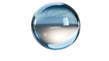 A perfectly round crystal ball reflecting light on a transparent background 