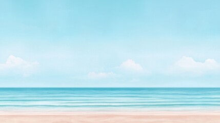 Obraz premium Serene coastal view with gentle waves lapping at a soft sandy beach under a clear blue sky filled with fluffy clouds, a perfect retreat for relaxation.