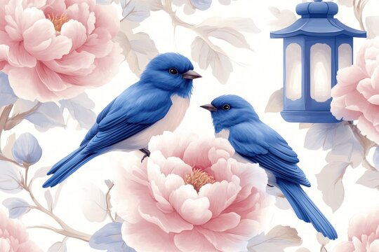 Two blue birds perched on pink peonies, with a lantern