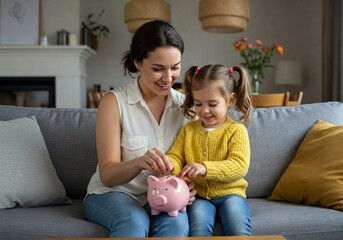 Smiling mature american mother helping daughter sitting on lap putting money in piggy bank. Cute little black girl saving money by adding a coin in piggy bank with mother at home.
