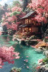 Fototapeta premium Serene Cherry Blossom House by Waterfall.