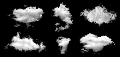 Collection white clounds, The cloud is divided into parts on black background, Multiple unique cloud segments.