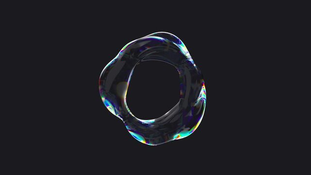 Transparent multicolored liquid moving shape with iridescent effect. Abstract fluid distorted torus. 3d render 4K loop animation.