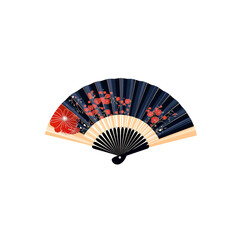 Elegant Handheld Japanese Fan with Red Flowers on Navy Blue Background