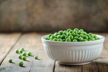 Peeled Green Peas in a White Porcelain Bowl on Vintage Wooden Background