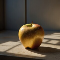 "A close-up of a freshly picked apple with a green leaf still attached, realistic texture and lighting, no branding.
