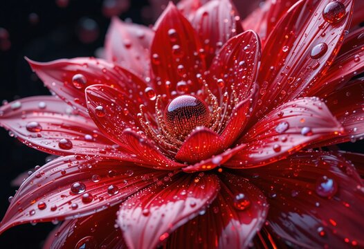 An enchanting red flower blooming after a rain refreshing beauty on a dark background with bokeh and glossy finish
