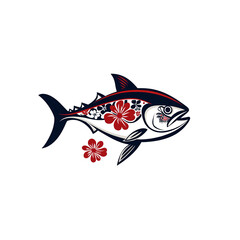 Ornate Tuna with Hibiscus Flowers - Nautical, Tropical Design Element