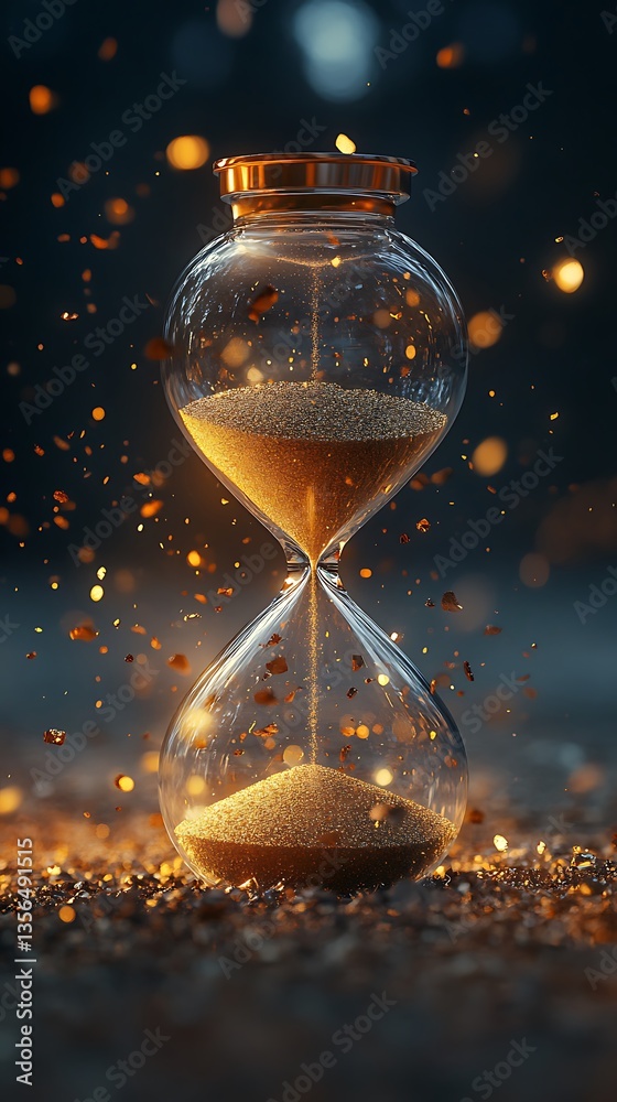 Aufkleber stunning hourglass with golden sand and sparkling particles in a dark setting