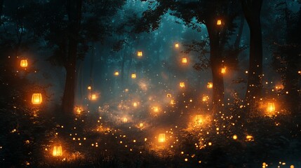 Fototapeta premium Enchanting Forest Illuminated by Numerous Lanterns Creating a Magical and Dreamlike Atmosphere at Night