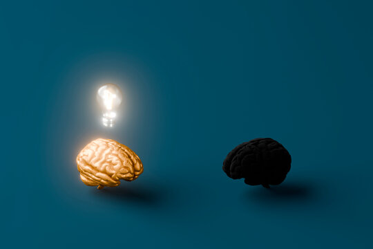 3D render of a glowing gold brain with a light bulb above it next to a black brain on a dark background symbolizing innovation and creativity.