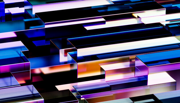 Abstract 3D render of colorful reflective rectangles with a dark background