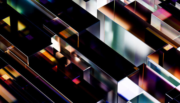 Abstract 3D render of colorful reflective rectangles with a dark background
