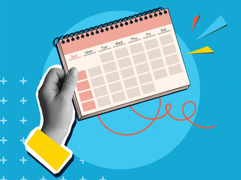 A black and white hand holds a calendar. Modern photo collage style. Vector illustration - Powered by Adobe