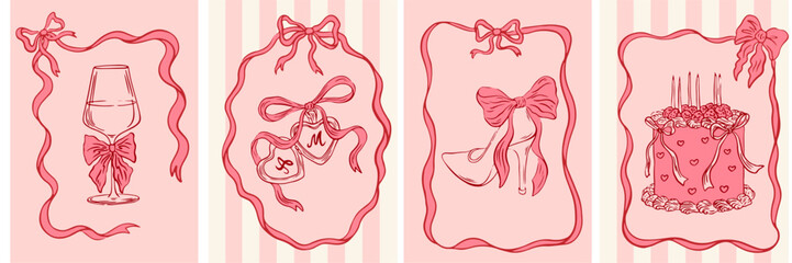 Vintage greeting cards in coquette style. Hand drawn whimsical frames with elegant bows and ribbons. Template for poster, banner, wedding invitation, Valentines day, birthday card. Vector illustration