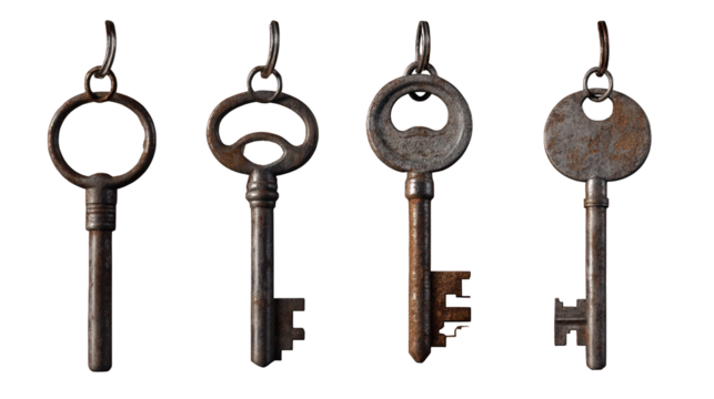 A set of antique keys hanging on a rusty keyring on a transparent background 