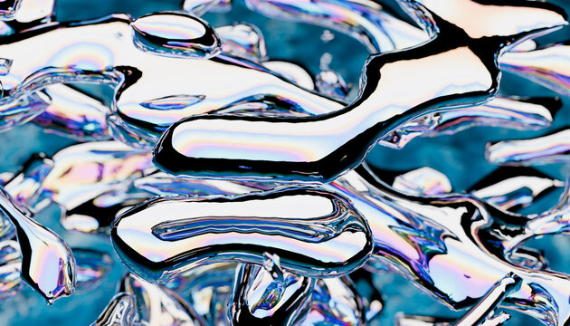 Abstract 3D render of metallic liquid waves with iridescent colors