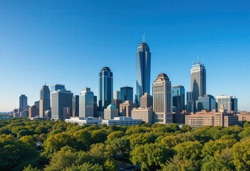 Naklejka premium Cityscape Harmony Urban Majesty Buildings Rise above the Park's Serene Canopy with cool blue sky and sharp architectural details.