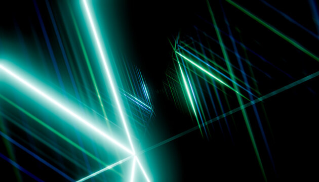 Abstract 3D render with glowing geometric lines and reflections in blue tones