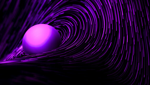 Abstract 3D render of a purple sphere floating amidst dynamic lines on a dark background