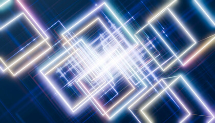 Abstract 3D render of glowing geometric shapes with reflections in blue, yellow, and red