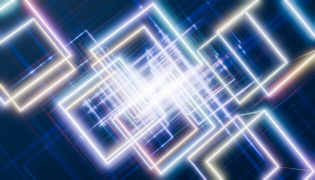 Abstract 3D render of glowing geometric shapes with reflections in blue, yellow, and red