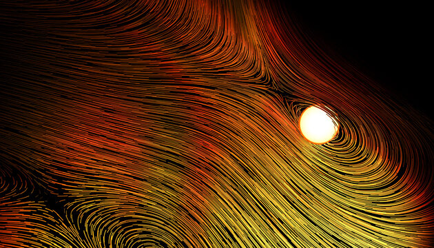 Abstract 3D render of a glowing sphere with swirling orange lines on a dark background