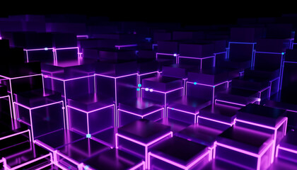 3D render of glowing violet and blue geometric shapes representing technology and AI concepts