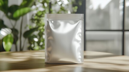 White Foil Pouch Mockup on a Wooden Surface with Natural Light