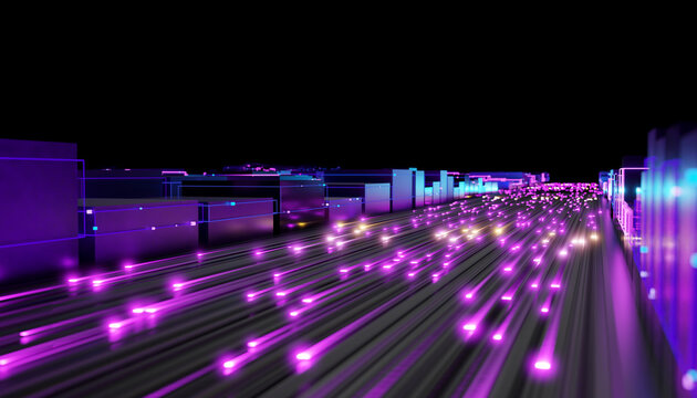 Futuristic 3D render of a digital landscape with glowing purple and blue lights