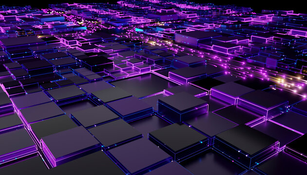 3D render of a futuristic digital grid with neon purple and blue lights