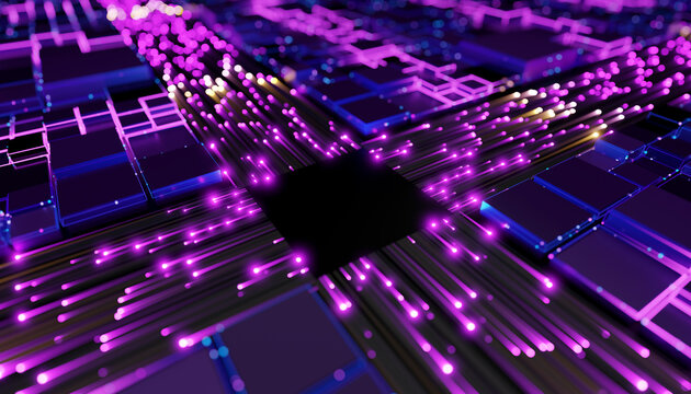 3D render of a digital chip with glowing purple and blue lights representing technology and AI concepts