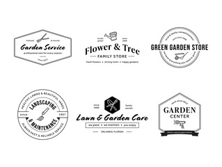 A set of gardening service logos that highlight various aspects of landscape design and service, emphasizing quality and expertise
