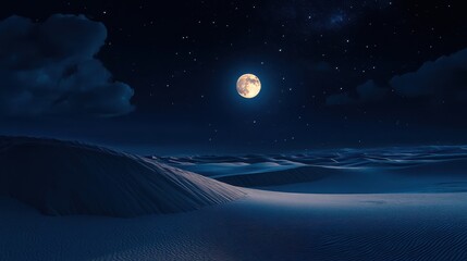A radiant full moon illuminates the desert under a starry sky