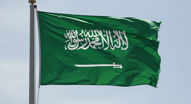 Saudi Arabia Flag Waving Against Blue Sky Representing National Pride